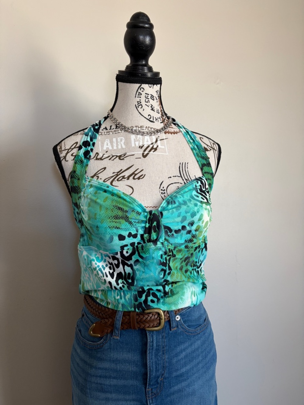 Y2K Christina turquoise blue animal print tankini halter top | euro summer top